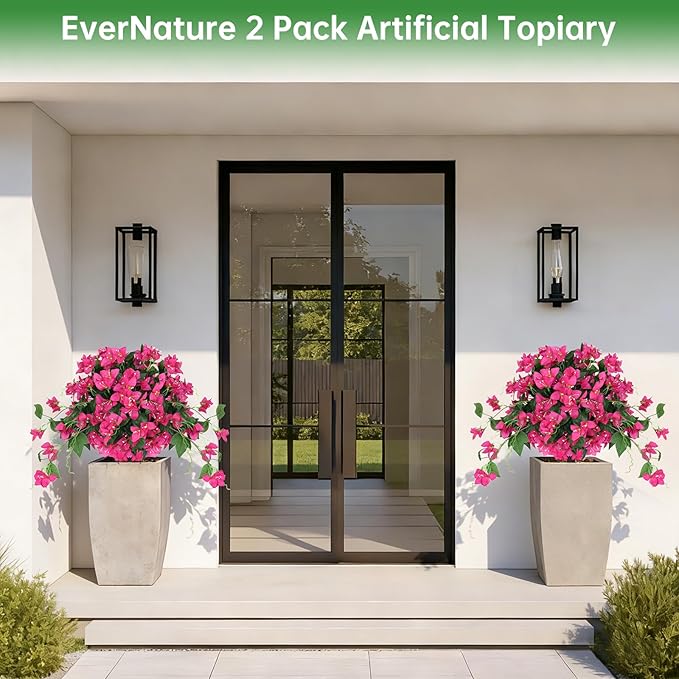 Artificial Bougainvillea Topiary Trees Set of 2, Pink Fake Shrubs Bushes with Ground Spike, Faux Evergreen for Porch Plants, UV Resistant Artificial Flowers for Outdoors Indoor Front Garden