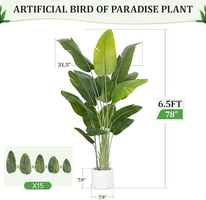 Artificial Bird of Paradise Plant 6.5Ft Tall Fake Tropical Palm Tree Large Fake Plants with 15 Silk Banana Leaves Faux Plant Indoor Decor Trees White Pot for Home Bedroom Living Room Office