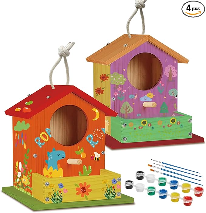 Bird House Kits for Kids Ages 4-8, Wooden DIY Birdhouse Kit, Outdoor Woodworking Crafts Freestyle Painting, Bird Houses for Outside with Paints & Brushes, Boy Girl Gift Christmas (2Pcs)