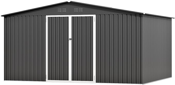12 x 10FT Dark Grey Outdoor Storage Shed, Metal Waterproof Shed Garden Tool Shed with Door and Lock Outdoor Storage,All-Weather Shelter for Bike, Gardening Tools, Lawn Mowers