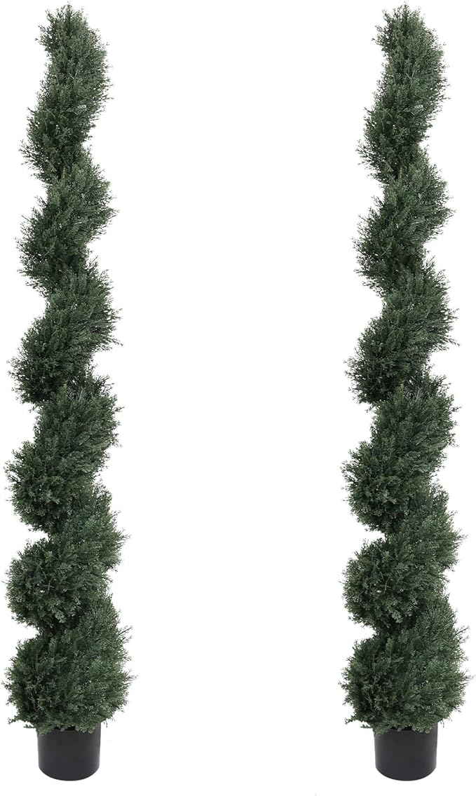THE BLOOM TIMES 6ft Spiral Artificial Topiary Trees Set of 2, 71 inch Faux Cedar Trees for Outdoor Planters - Fake Twist Cypress Plants for Garden Front Porch Indoor Outside Decor 6 Foot