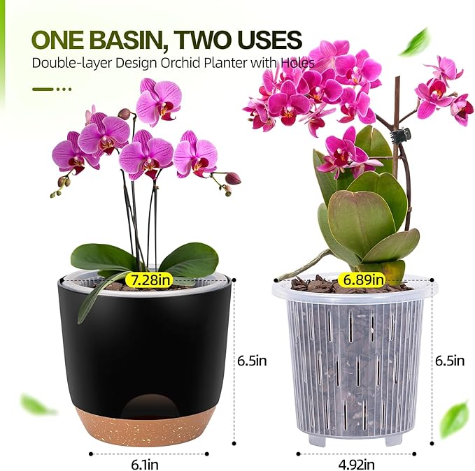 7.2 Inch Self Watering Orchid Pots for Indoor Plants,Macetas para Orqudeas,Flower Pots for Indoor Plants with Holes（Black）