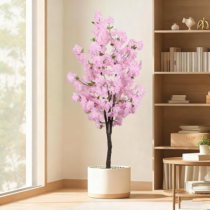 Artificial Pink Cherry Blossom Tree 5.5ft(67in) Tall Fake Silk Leaves Indoor Decor Handmade Lifelike Sakura Tree for Wedding Realistic Cherry Plant in Pot for Home Living Room,Office,Outdoor Decor