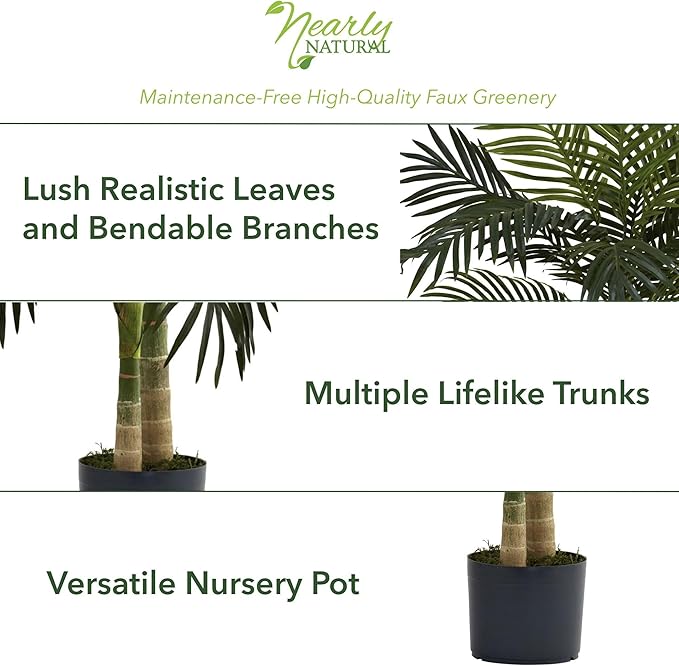 Nearly Natural 4-FT Artificial Golden Cane Palm Tree, Set of 2 Fake Palm Trees with Two Realistic Trunks and 10 Lifelike Palm Fronds, Faux Palm Plants for Indoor Home Décor with Black Nursery Planter