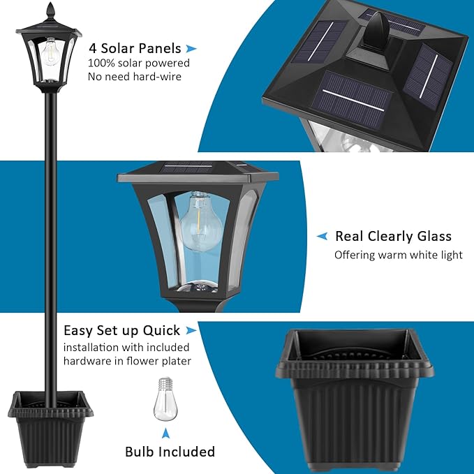 Derynome 72" Solar Lights Outdoor, 6000K Waterproof Solar Post Lamp Ligts with Planter, Dusk to Dawn Garden Lights for Backyard, Pathway, Patio,Lawn, Driveway Decor