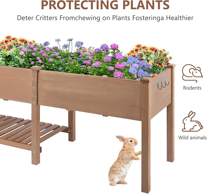 ketive Raised Garden Bed with Legs Outdoor,Elevated Garden Box,Storage Shelf, Protective Liner for Backyard,Patio,Balcony,80x23x30in (Brown)