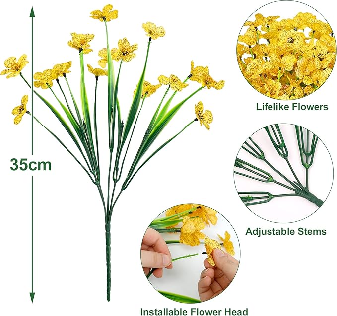 Ouddy Decor 24 Bundles Artificial Flowers for Decorations Fake Silk Plants for Outdoor Indoor UV Resistant Faux Plastic Greenery Stems for Window Garden Porch Home Spring Summer Decoration, Yellow