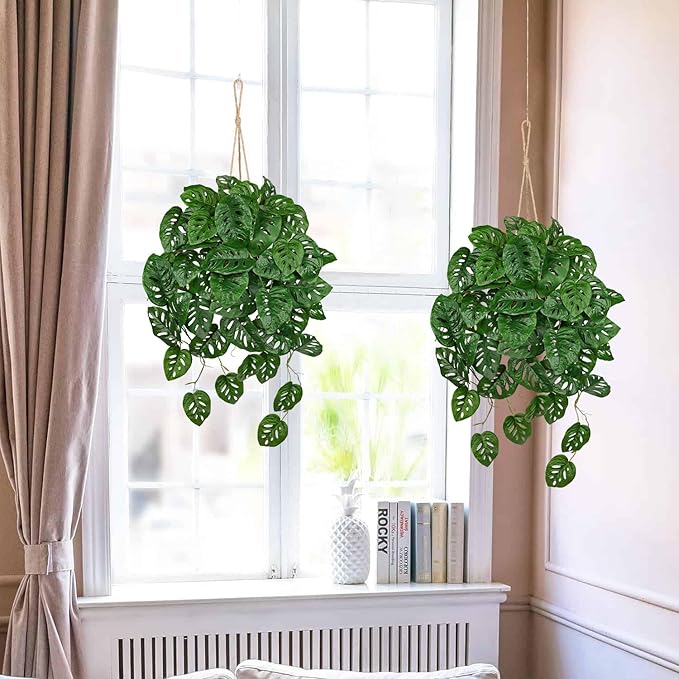 Large Fake Hanging Plants in Pot for Indoor & Outdoor, Long Artificial Monstera Albo Long Plants, 27.6" Fake Potted Vines Ivy Greenery Plant for Room Wall Shelf Decor Living Room Bathroom Patio Porch