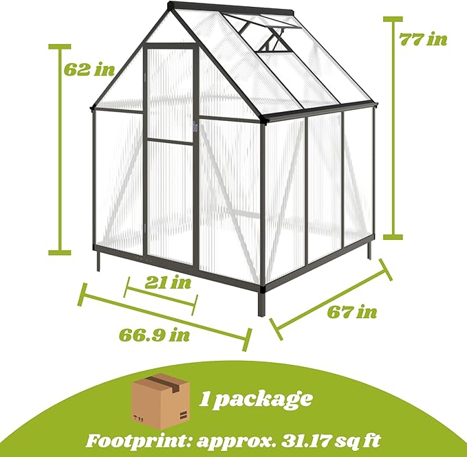 6x6 FT Greenhouse for Outdoors, Polycarbonate Greenhouse with Quick Setup Structure and Roof Vent, Aluminum Large Walk-in Green House for Outside Garden Backyard, Charcoal Black