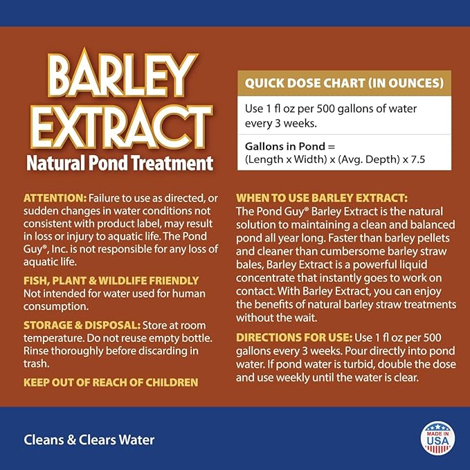 The Pond Guy Barley Extract Natural Liquid Treatment for Ponds and Water Gardens, Safe for Koi Fish and Plants, Natural Solutions for Clear Pond Water - 32 Ounces
