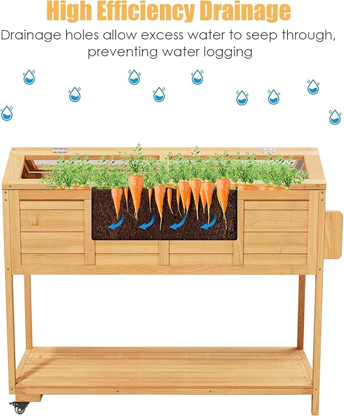 Raised Herb Garden Planter Indoor Outdoor with Wheels for Basil, Parsley, Rosemary, Thyme & Mint , Wooden Seed Starter Grow Box with Cover, Gardening Gifts for Women, Mom, Plant Lovers (Wood)