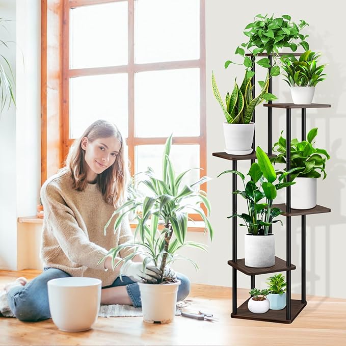 6 Tier Plant Stand Indoor, Thickened Metal Wood Corner Plant Shelf Stands for Multiple Plants, Indoor Tall Plants Stand Tiered Flower Holder for Living Room Patio Garden Balcony(Black+Oak)