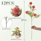 VIERENA 12 Pcs Faux Silk Pompon Mum Artificial Flowers for Vase -27", Bulk Fake Chrysanth Branches with Stems for DIY Bouquet Centerpieces Wedding Fillers Arrangements Shower Decorations (Dusty Pink)