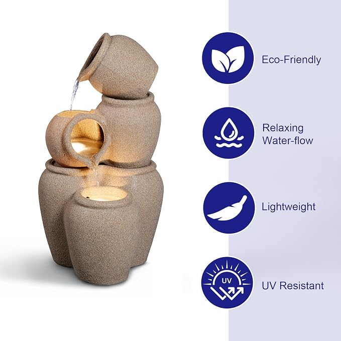 29.53” H 3-Tiers Cascading Jars Outdoor Water Fountain Made with Eco-Friendly Recyclable Materials, Polyethylene Waterfall Fountain, Outdoor Decor with LED Lights for Patio, Backyard