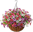 Artificial Faux Hanging Plants Flowers Basket for Outdoor Spring Summer Decoration,Fake Silk Daisy in Planter Realistic UV Resistant for Outside Home Porch Patio Balcony Yard(Purple White Rose)