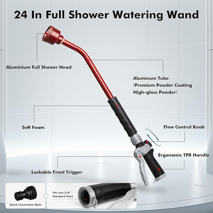 RESTMO Heavy Duty Full Metal Long Watering Wand, 24 Inches Gentle Soft Full Shower Sprayer Wand with Flow Control, Hose Wand for Hanging Baskets, Shrubs, Plants, Flowers, Garden and Lawn, Red