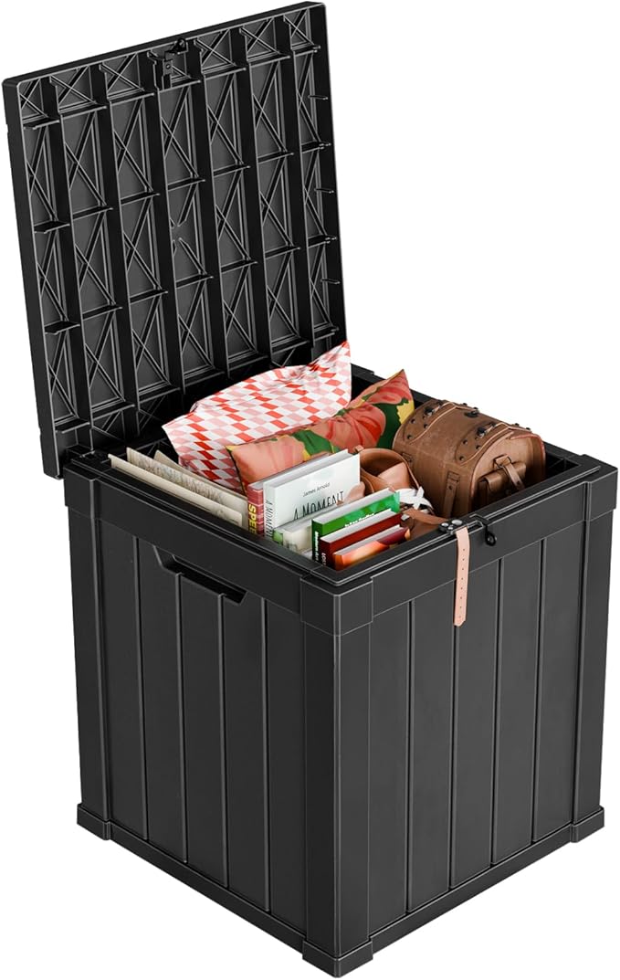 51 Gallon Outdoor Deck Box, Lockable Waterproof Outdoor Storage Boxes For Garden Tools,Indoor Cushions,Accessories Outside Storage Resin Weatherproof Container(Black)