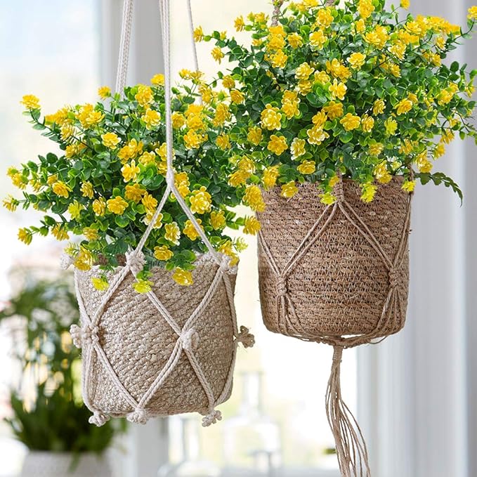 Grunyia 10 Bundles Artificial Fake Flowers, Faux Outdoor Plastic Plants UV Resistant Shrubs Outside Indoor Decorations (Yellow-Eucalyptus)