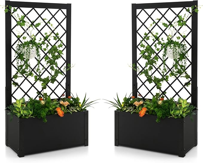 Giantex Set of 2 Raised Garden Bed with Trellis, 44" Metal Vertical Planter with Garden Trellis, Diamond Lattice for Vine Plant Flower Climbing, Indoor & Outdoor Use for Yard Garden Balcony