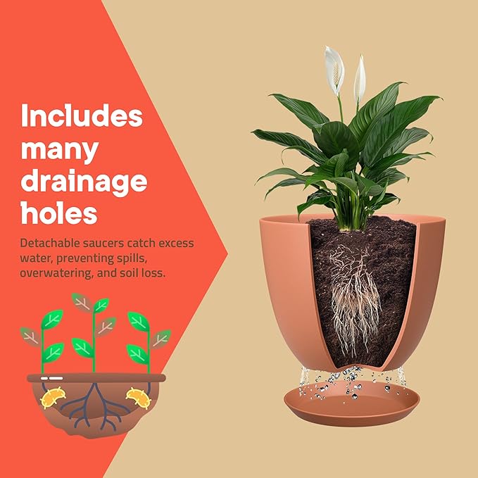 Planter Pots with Drainage Holes - Lightweight, Durable, and Space-Saving Pots for Indoor and Outdoor - Versatile Functionality, Simple Modern Design, Set of 3 Plastic Planter Pots - Terracotta
