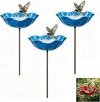 Handmade Metal Flower Garden Stake Bird Bath, Hummingbird Feeder, Bee & Butterfly Puddler, Mini Pollinator Watering Station for Garden Patio Lawn Yard Decor, Blue, 3PCS