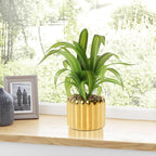 9" Artificial Dracaena Plant with Textured Leaves Golden Ceramic Pot Realistic Faux Greenery Fake Potted Plant Indoor Outdoor Home Decor for Living Room Office Garden Table Centerpiece