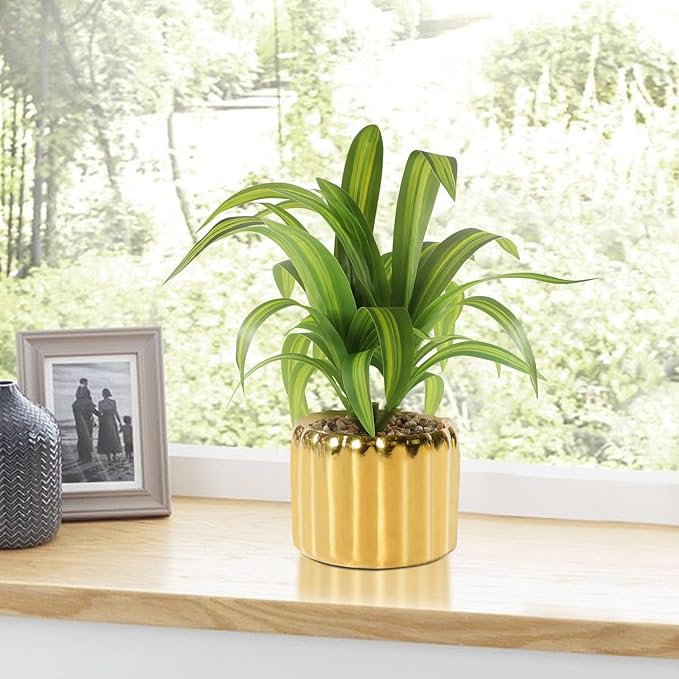 9" Artificial Dracaena Plant with Textured Leaves Golden Ceramic Pot Realistic Faux Greenery Fake Potted Plant Indoor Outdoor Home Decor for Living Room Office Garden Table Centerpiece
