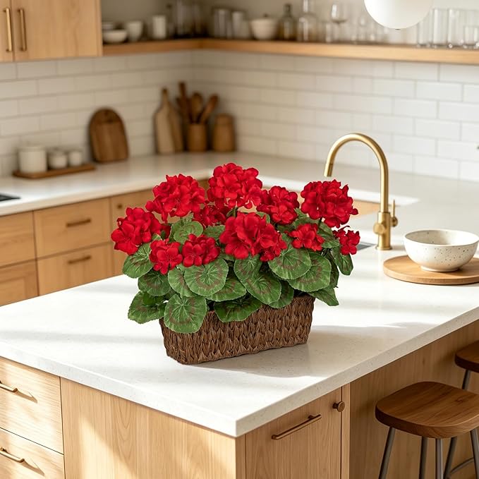 Briful Artificial Geraniums Flowers in Woven Basket Planter, Real Faux Red Silk Geranium Blooms for Outdoor Patio Porch, 13.8" Fake Potted Plant for Home Office Indoor Window Table Centerpiece Décor