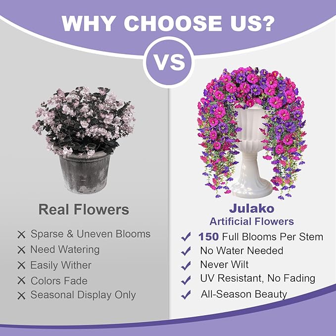 Artificial Hanging Flowers for Outdoors, 2 PCS 300 Blooms UV Resistant Morning Glory Faux Silk Vines, No-Odor Realistic Fake Plants for Garden Planter Porch Patio Decoration, Fuchsia & LightPurple