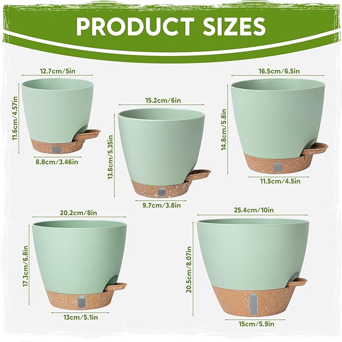 Self-Watering Pots for Indoor Plants with Visible Water Window,5/6/6.5/8/10 Inch Outdoor Flower Pots with Drainage Holes & Reservoir for Patio, Home Decor (Green)
