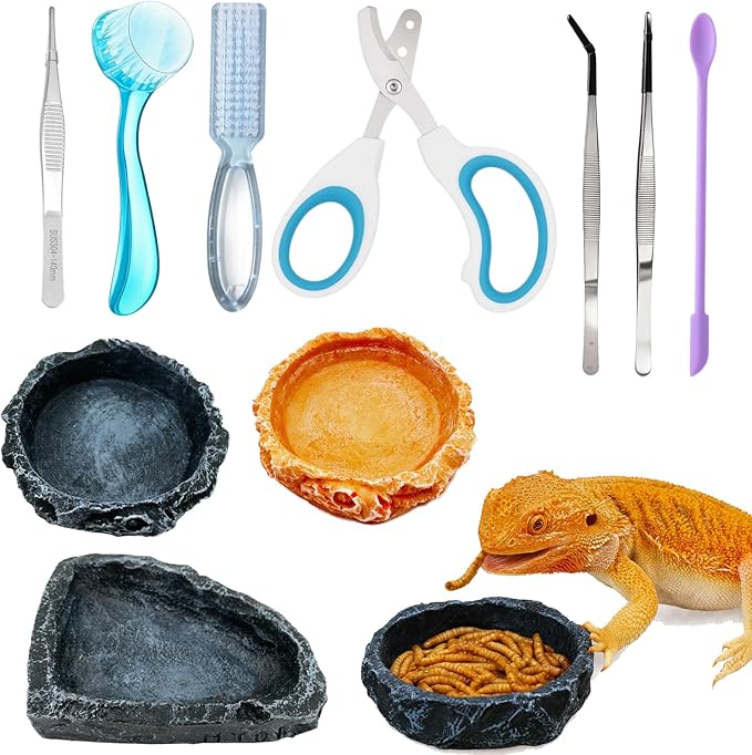 Bearded Dragon Tank Accessories Kit – 10pcs Reptile Water Food Bowl, Feeding Tongs with Rubber Tip, Grooming & Cleaning Set for Lizards, Geckos & Small Reptiles
