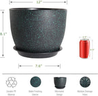 UOUZ 12inch Large Plant Pot, Modern Plastic Planter with High Driange Holes and Saucer for Indoor Outdoor Garden Plants and Flowers, Black with Green Speckles