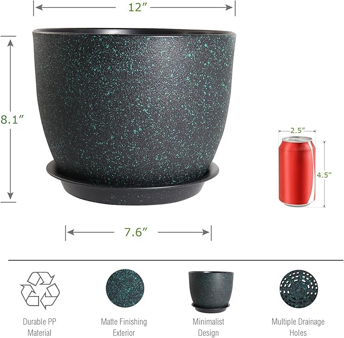 UOUZ 12inch Large Plant Pot, Modern Plastic Planter with High Driange Holes and Saucer for Indoor Outdoor Garden Plants and Flowers, Black with Green Speckles