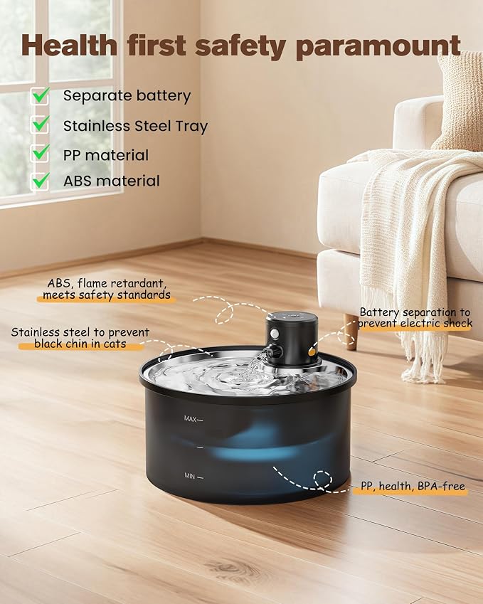 Wireless Cat Water Fountain Cordless | 108oz/3.2L Battery Operated Pet Fountain with Stainless Steel Water Tray + Plastic barrel (with 8 Filters & 8 Sponges)