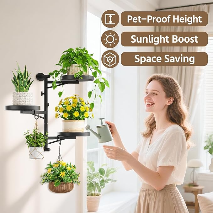 LASZOLA Rotating Plant Hangers Shelves Wall Mounted Indoor, 3 Tier Metal Window Plant Hanging Holders, Morden Floating Flower Display Stand with 2 Hooks for Kitchen Bathroom Decor, Black