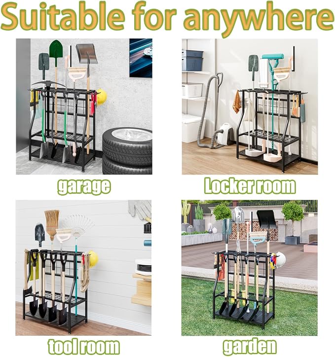 Garden Tool Organizer Holder Heavy Duty Steel Rack Up to 60 Long Handled Tools for Garage Shed Outdoor Garden Yard Black