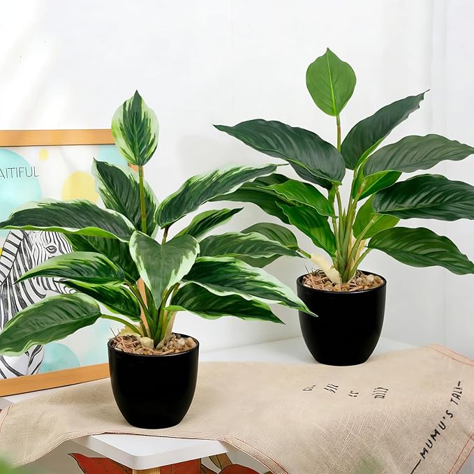 2 Pack Artificial Potted Plants, 16" Fake Plants Indoor in Black Pots for Home Bathroom, Office Desk, Shelf - Realistic Faux Greenery for Living Room, Kitchen, Farmhouse Decor