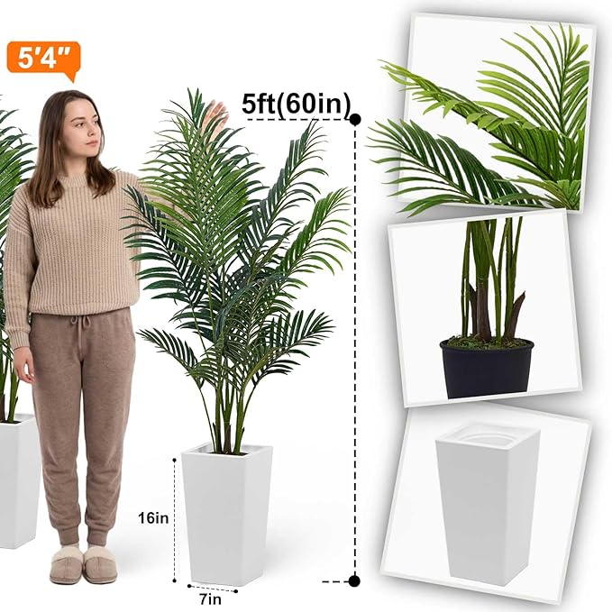 Aveyas 5ft Artificial Palm Tree for Home Decor,5 Feet Faux Plant Fake Silk Tropical Kentia Areca Trees for Indoor Outdoor House Living Room Office Porch Garden(5 ft Tall with Raised Pot)-Set of 2 Pack