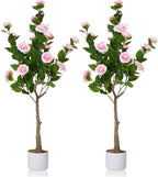 Garvee 4FT Artificial Camellia Tree 2 Pack, Faux Camellia Plant with White Planter and 24 Pink Flowers, 47" Fake Potted Flower Trees for Home and Office Decor, Pink