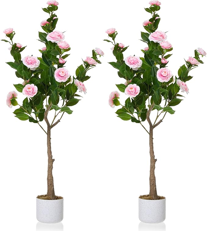 Garvee 4FT Artificial Camellia Tree 2 Pack, Faux Camellia Plant with White Planter and 24 Pink Flowers, 47" Fake Potted Flower Trees for Home and Office Decor, Pink