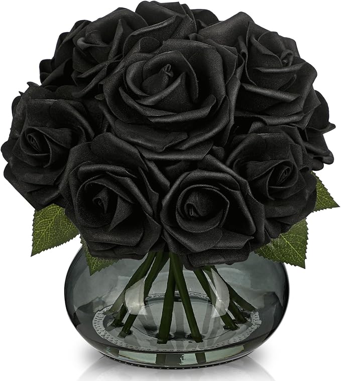 Hollyone Black Roses Artificial Flowers in Vase Silk Fake Rose Bouquet Flowers Floral Arrangements with Glass Vase with Faux Water for Home Bathroom Office Table Centerpiece Shelf Decorations
