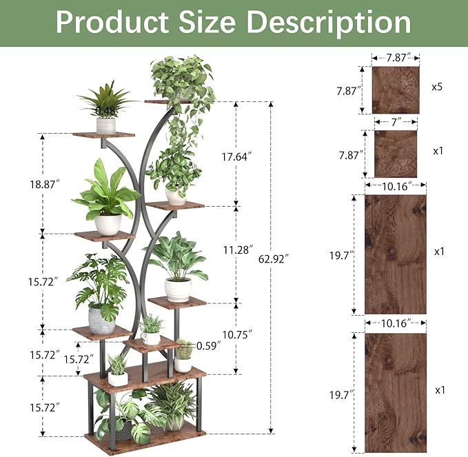 REFGY 65 inch Plant Stand Indoor with Grow Lights, 9 Tiered Metal Plant Stands Indoor, Tall Plant Shelf for Multiple Plants, for Living Room, Patio Balcony or Office (Rustic Brown)