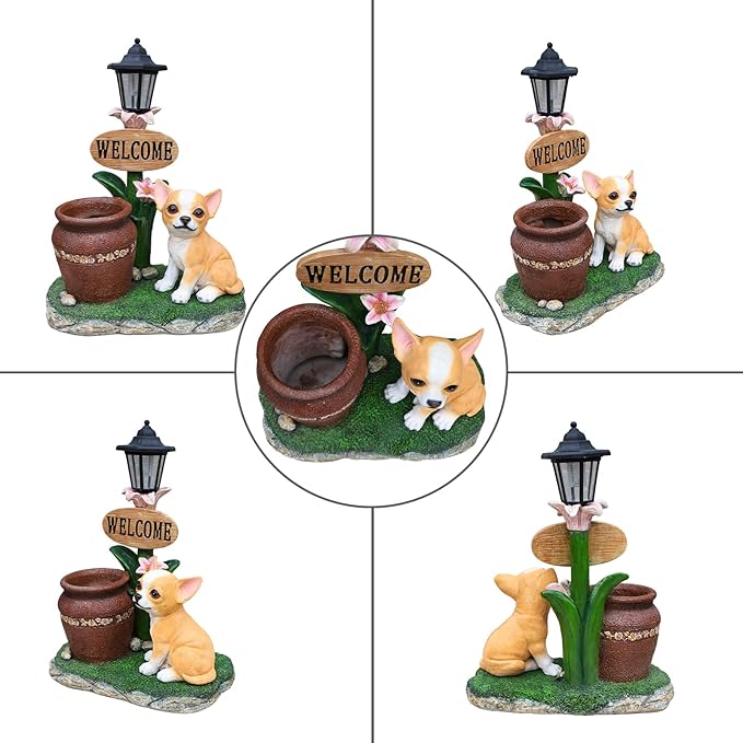 Animal Outdoor Statue Planter Solar Light Welcome Garden Sculpture Resin Flower Pot Decorative Porch Patio Yard Lawn Entryway Figurine with LED Lamp Rustic Plant Holder Ornament Courtyard (P)