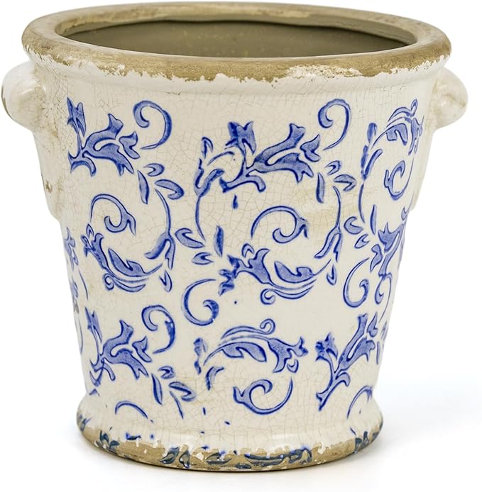 Dosayes Vintage Ceramic Flower Pot with Drainage Holes and Handle,Ice Crack Country Rustic Planters for Indoor Outdoor,Tuscan Decor,Home and Garden Decor,Gardening Present