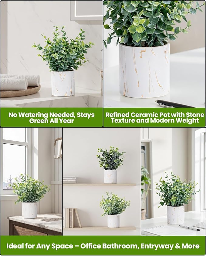 Taybonds Artificial Eucalyptus Plants in White Ceramic Pots, 2 Pack Faux Greenery Decor with Different Leaf Styles, Small Potted Plants for Shelf, Bathroom, Bedroom, Office Desk, 9.05" Tall