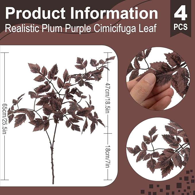 Daynight Artificial Cimicifuga Plants with Fall Leaves Faux Fall steams Greenery Branch for Vase, Table, Thanksgiving, Autumn Halloween Centerpiece Decor (4, Chocolate)