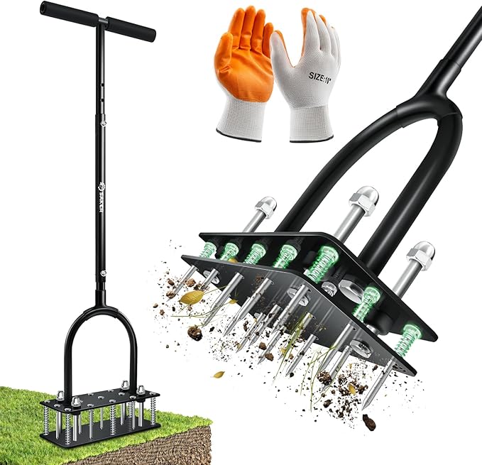 Saker Manual Lawn Aerator Tool with 15 Iron Spikes Adjustable Height, Double-Layer Spring, Heavy-Duty Iron Lawn Aerator Tool with Gloves for Loosening Soil Aerating Patio, Yard, Garden Black
