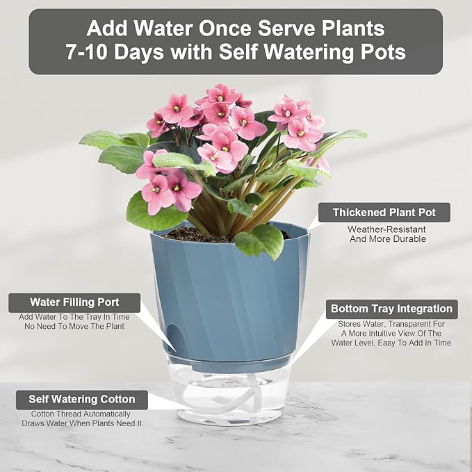 Self Watering Plant Pots 6 Inch, 6 Pack Indoor Planters with Wick Rope and Reservoir, Decorative Flower Pots for Spider Plant, Orchid, African Violet, Home Office Decor (2 White, 2 Pink, 2 Blue)