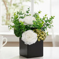 LADADA Artificial White Peony Flowers with Eucalyptus and Green Berries in Black Square Vase - Fake Floral Arrangement for Home Decor, Table Centerpiece, Bathroom, Office, Wedding, Minimalist Decor