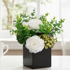 LADADA Artificial White Peony Flowers with Eucalyptus and Green Berries in Black Square Vase - Fake Floral Arrangement for Home Decor, Table Centerpiece, Bathroom, Office, Wedding, Minimalist Decor